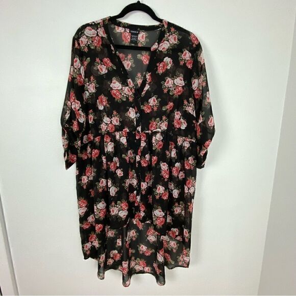Torrid Hi-Lo Floral Tunic Top‎ Black & Pink women’s Size 1X Sheer 3/4 Sleeve - Picture 13 of 14